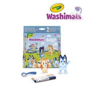 Crayola Figurki do malowania i mycia - zestaw zwierzątka 2 szt., flamastry zmywalne 3 szt., szczoteczka Washimals Bluey 3+