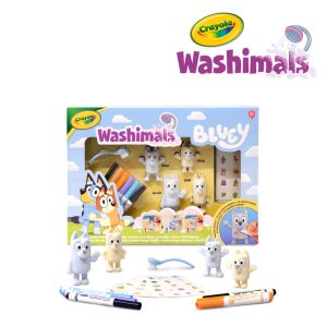 Crayola Figurki do malowania i mycia - zestaw zwierzątka 4 szt., flamastry zmywalne 6 szt., szczoteczka, naklejki Washimals Bluey 3+