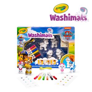 Crayola Figurki do malowania i mycia - zestaw zwierzątka 4 szt., flamastry zmywalne 6 szt., szczoteczka, naklejki Washimals Psi Patrol 3+