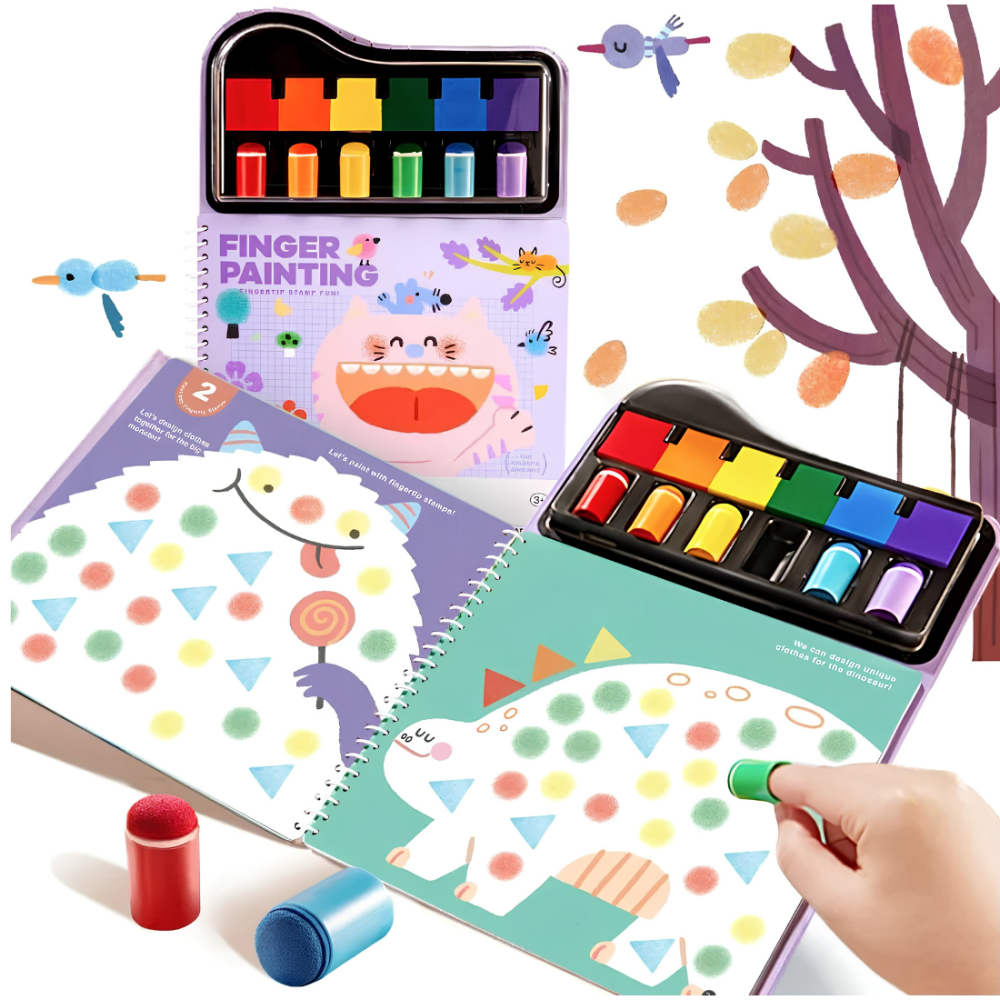 Jarmelo Finger Painting — kreatywna książeczka do malowania palcami - szablony, nakładki piankowe stempelkowe 6 kolorów