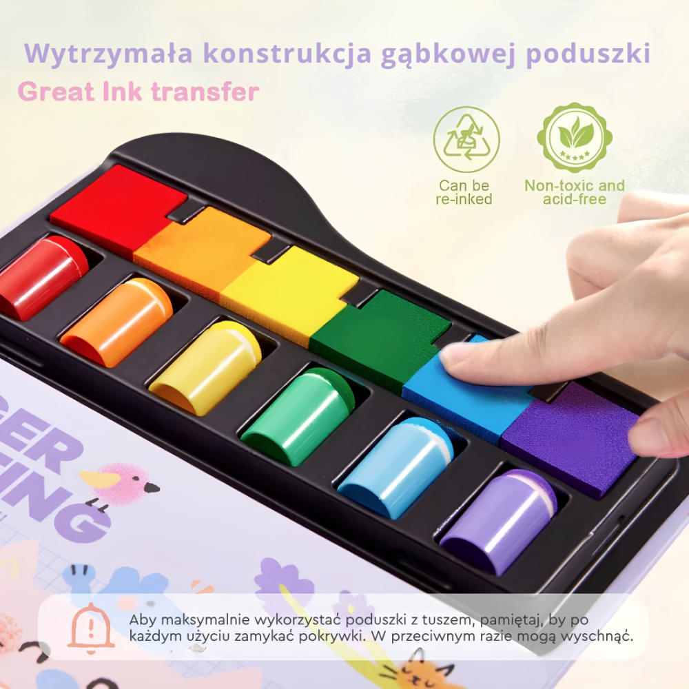 Jarmelo Finger Painting — kreatywna książeczka do malowania palcami - szablony, nakładki piankowe stempelkowe 6 kolorów1