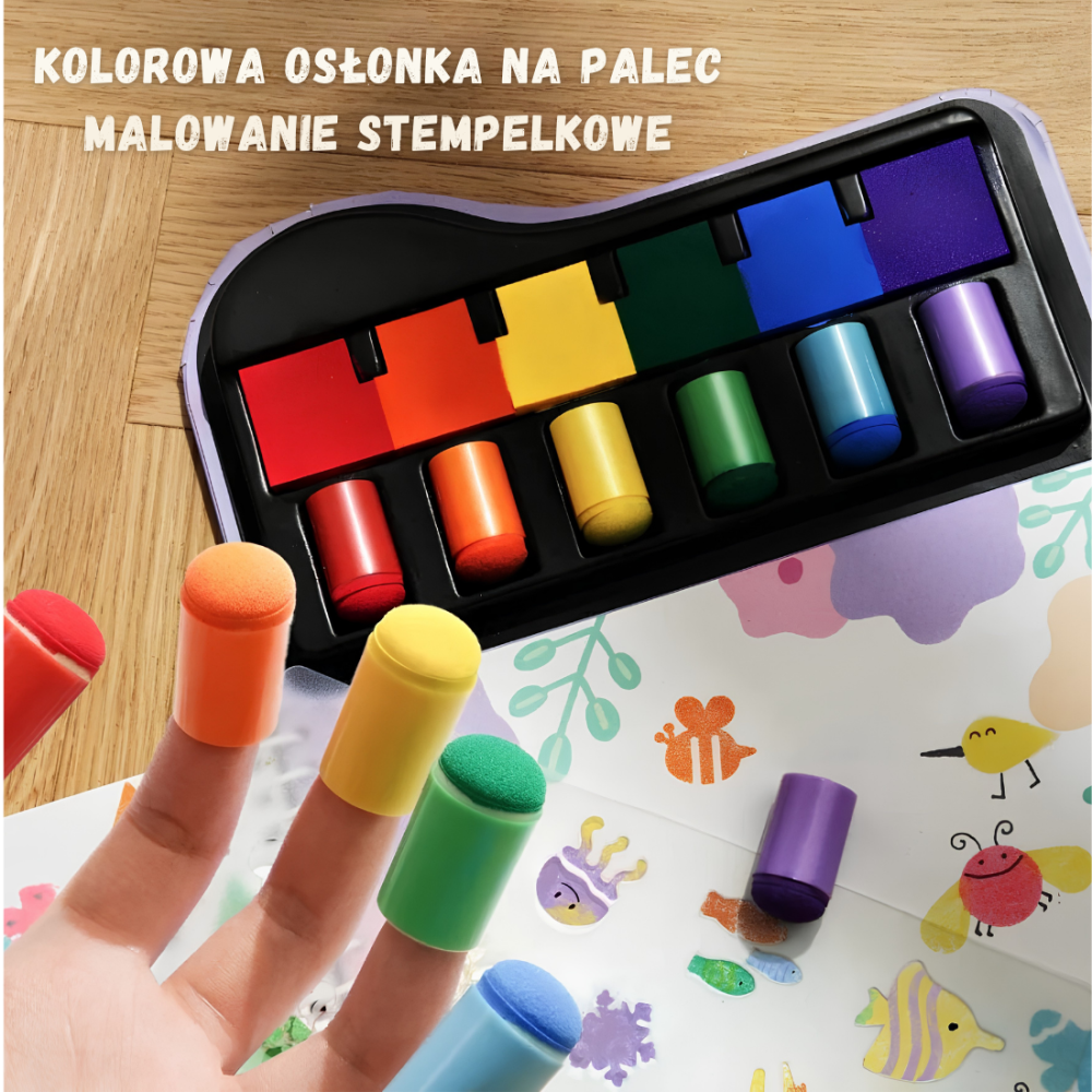 Jarmelo Finger Painting — kreatywna książeczka do malowania palcami - szablony, nakładki piankowe stempelkowe 6 kolorów2