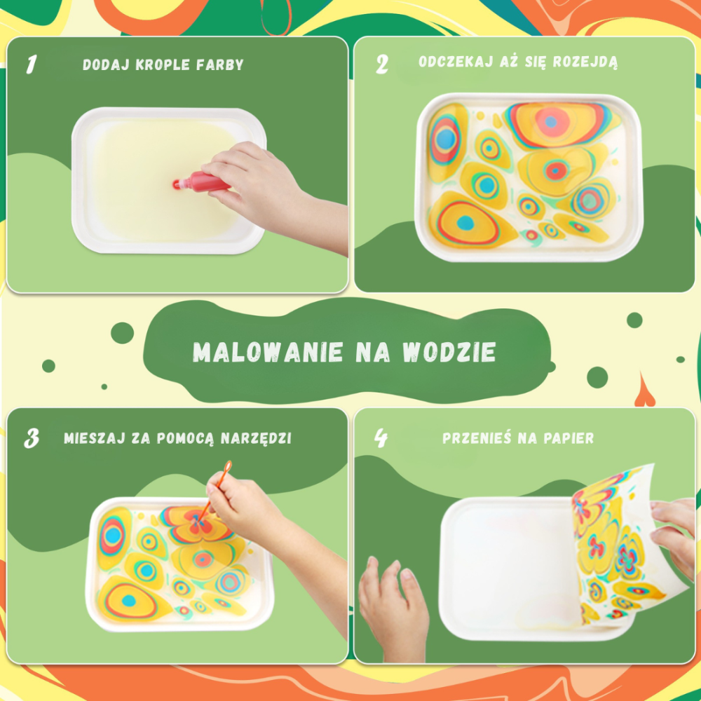 Jarmelo Zestaw do Malowania na Wodzie Marmurkowanie 12 Kolorów, 10 arkuszy papieru, taca, pipeta 3+1