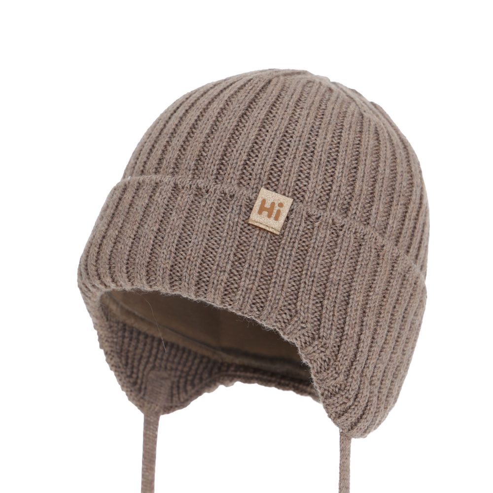 Czapka zimowa dla chłopca, ciemnobeżowa, 100% wełniana merino, podszyta bawełną Garnet