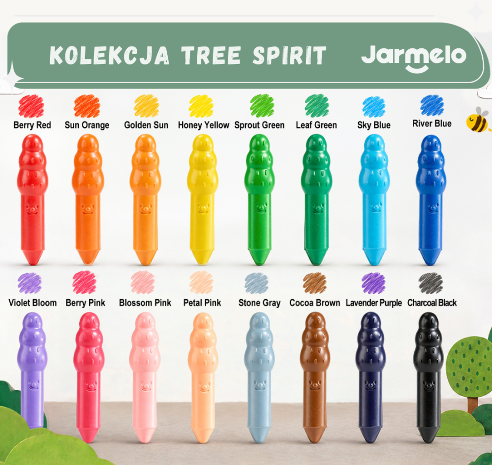 Jarmelo Leśne duszki Jumbo Crayons — wzmocnione, grube kredki z wosku pszczelego, 16 kolorów, 1+1