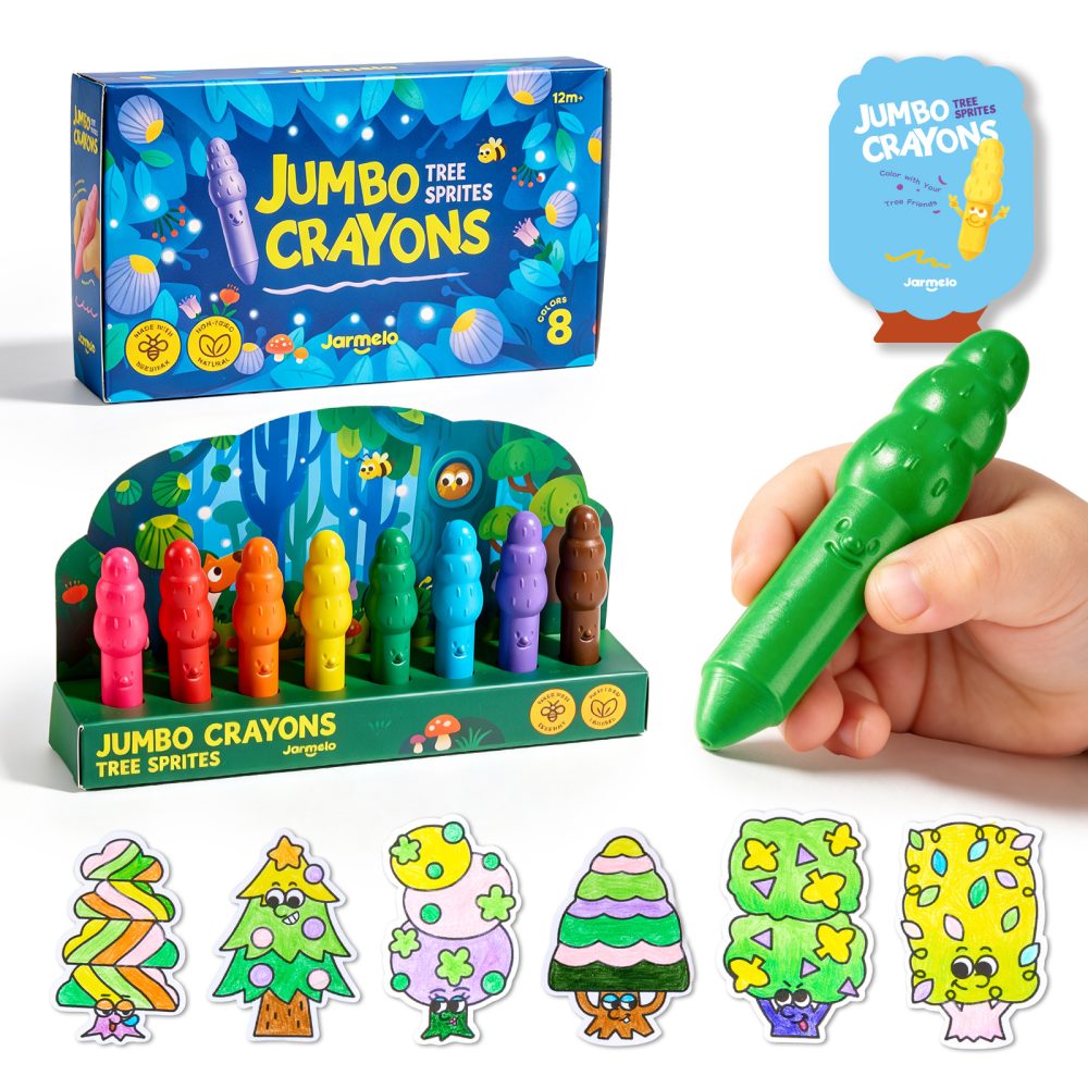 Jarmelo Leśne duszki Jumbo Crayons — wzmocnione, grube kredki z wosku pszczelego, 8 kolorów, 1+
