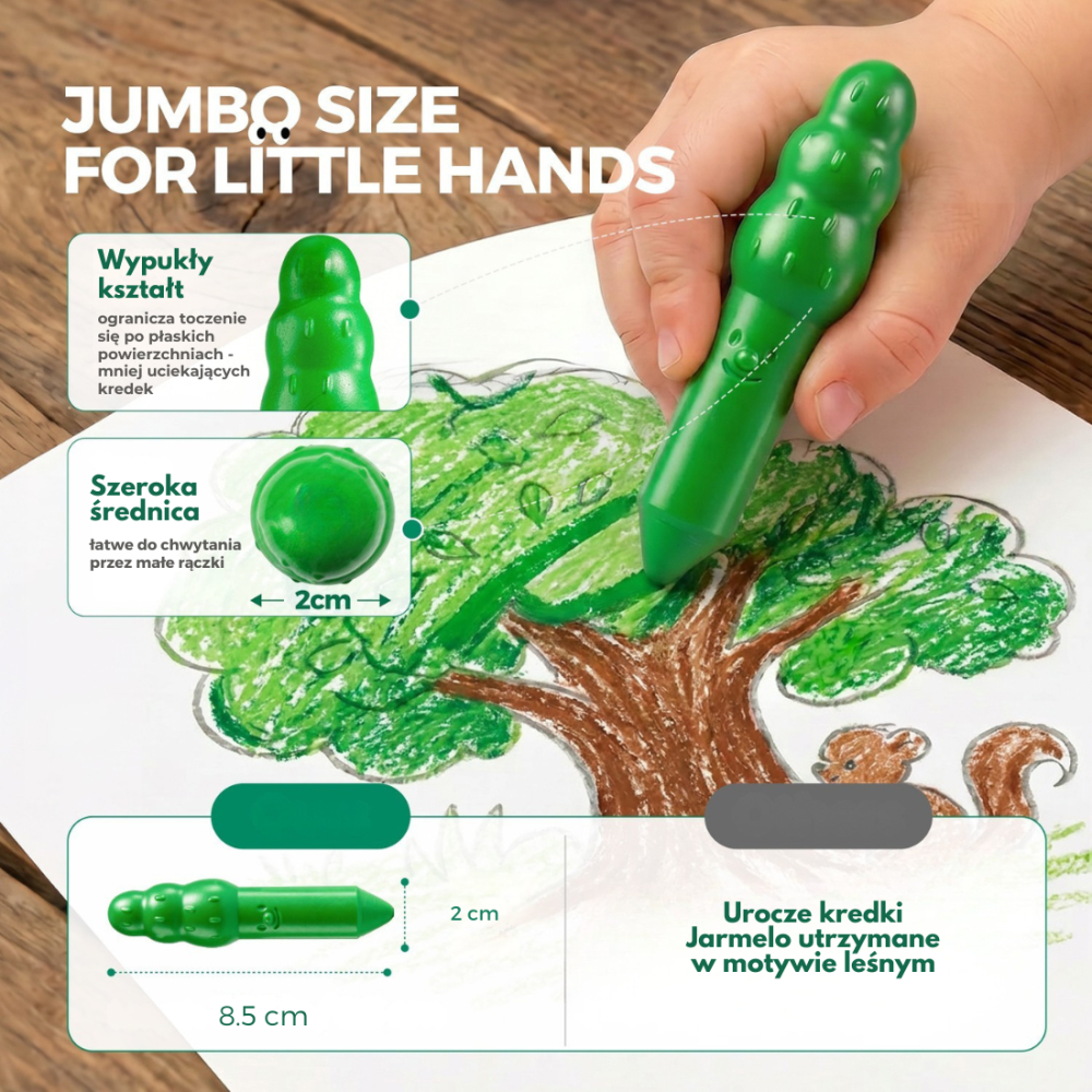 Jarmelo Leśne duszki Jumbo Crayons — wzmocnione, grube kredki z wosku pszczelego, 8 kolorów, 1+2