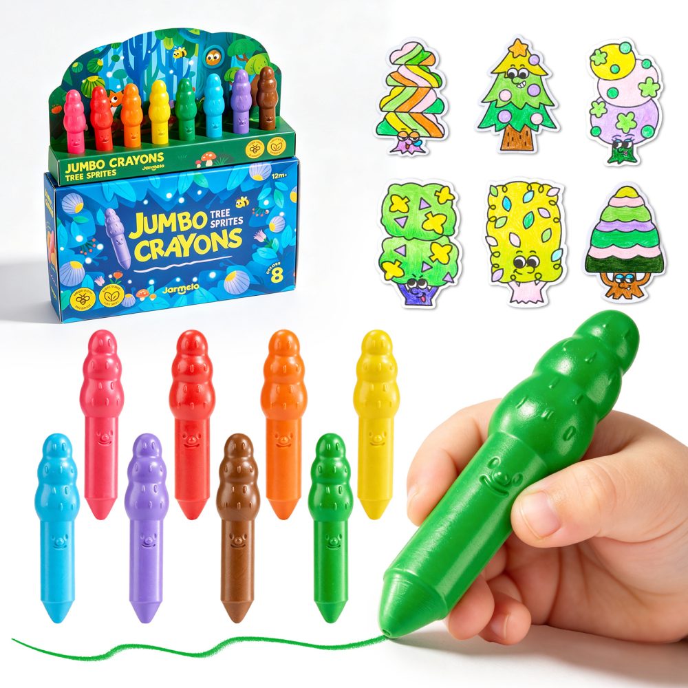 Jarmelo Leśne duszki Jumbo Crayons — wzmocnione, grube kredki z wosku pszczelego, 8 kolorów, 1+3