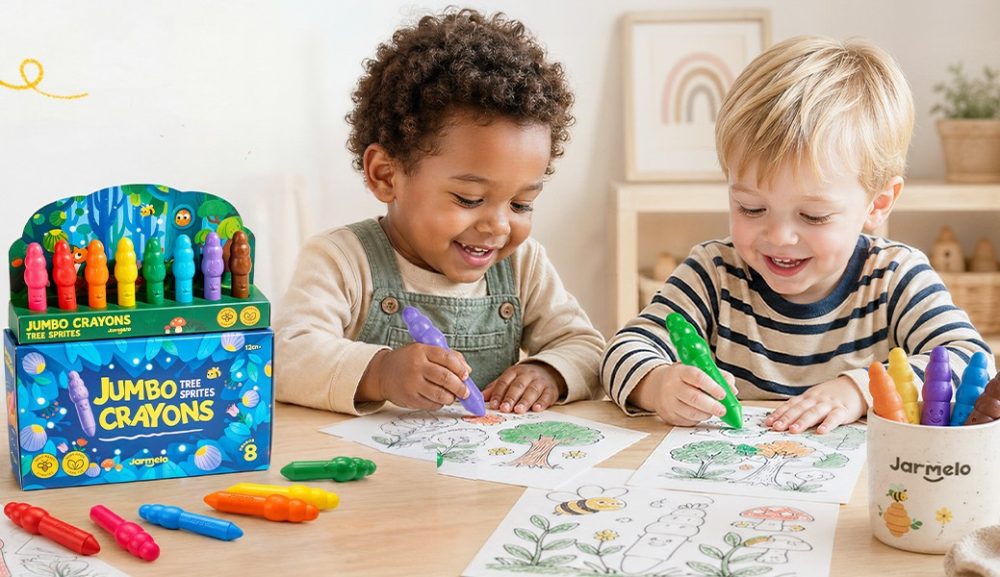 Jarmelo Leśne duszki Jumbo Crayons — wzmocnione, grube kredki z wosku pszczelego, 8 kolorów, 1+4